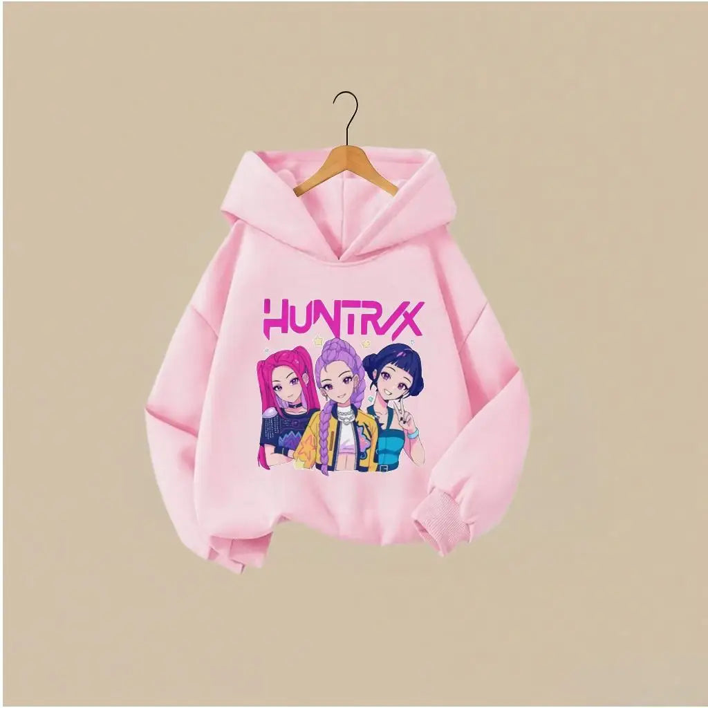 KPOP Hunters Huntrix Girl Fashion Clothes Kids Hoodie Cute Character Print With Star Casual Hooded Sweatshirt Boys Girls Costume