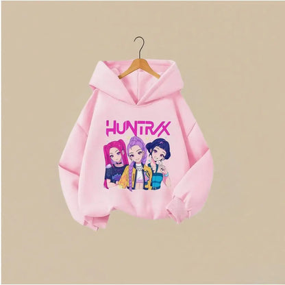 KPOP Hunters Huntrix Girl Fashion Clothes Kids Hoodie Cute Character Print With Star Casual Hooded Sweatshirt Boys Girls Costume