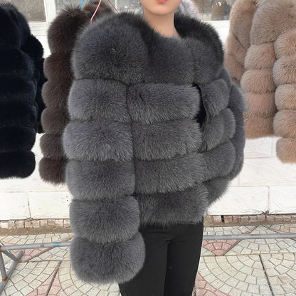 100% Fox Fur Coat Women's Fashion Brown