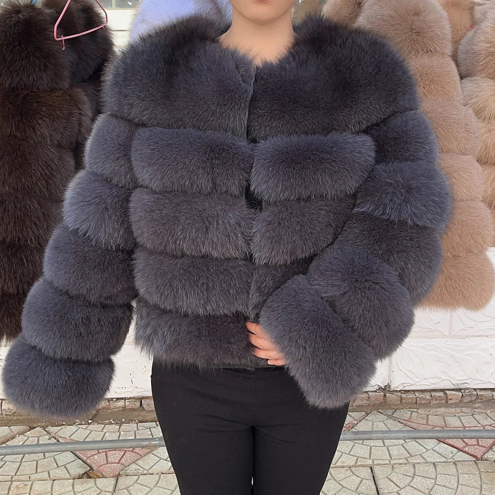 100% Fox Fur Coat Women's Fashion Brown