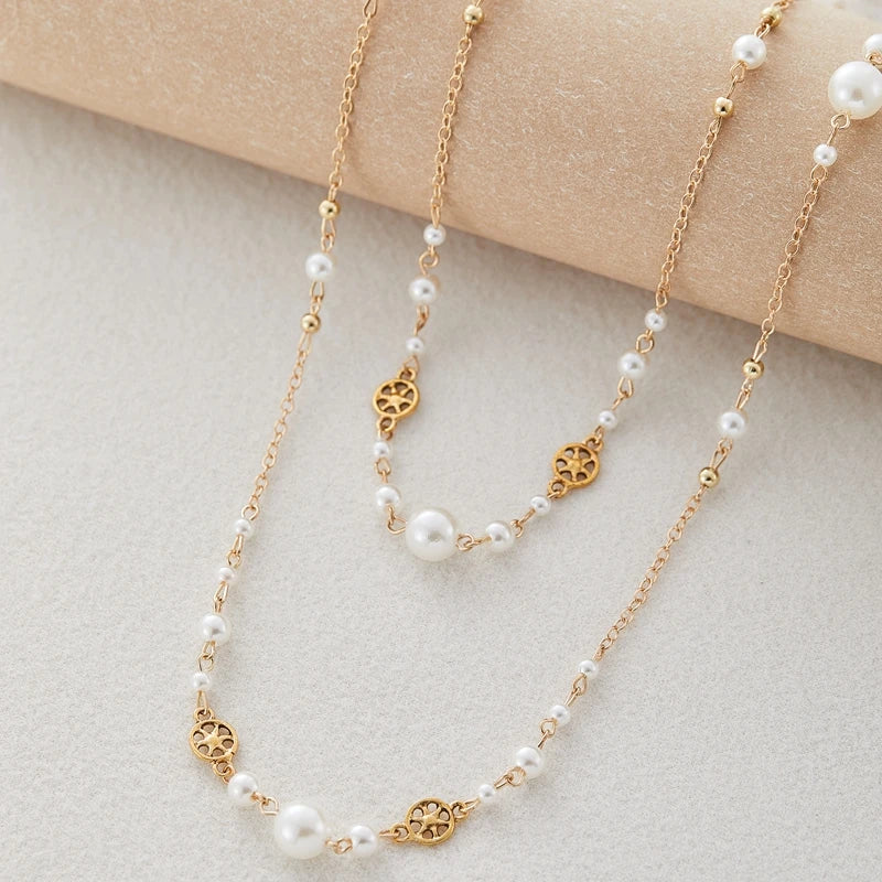 2Pcs/Set Temperament Imitation Pearl Long Chain Necklace for Women Fashion Statement Goth Sweather Link Neck Jewelry