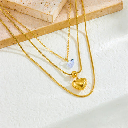 DIEYURO 316L Stainless Steel Golden Hollow Heart White Crystal Multilayer Necklace For Women New Fashion Neck Chain Jewelry Gift