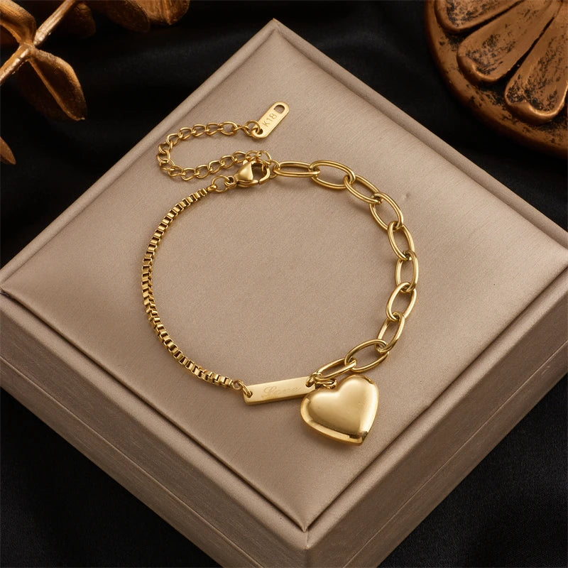 MEYRROYU 316 Stainless Steel Vintage Green Stone Heart Tassel Multilayer Charm Bracelet for Women Wedding Jewelry Beach брелок