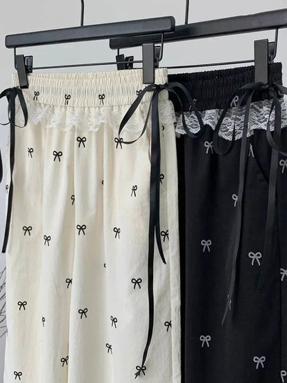 Baggy Sweet Bow Elastic Waist Aesthetic Versatile Jogger Wide Leg Pantalones Mujer
