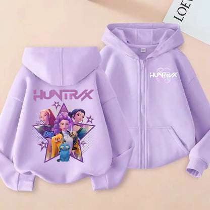 KPop Demon Hunters Zipper Hoodie Cartoon Girls Coat Fashion Thin Clothes Purple Autumn Hoodie Jacket Kids Anime Sweatshirt Gift