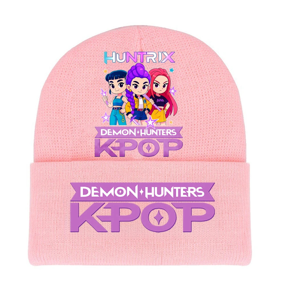 K-pop Demon Hunters Children Knit Hat Kawaii Cartoon Printed Beanie Autumn Girls Winter Outdoor Sports Warm Hat Birthday Gifts