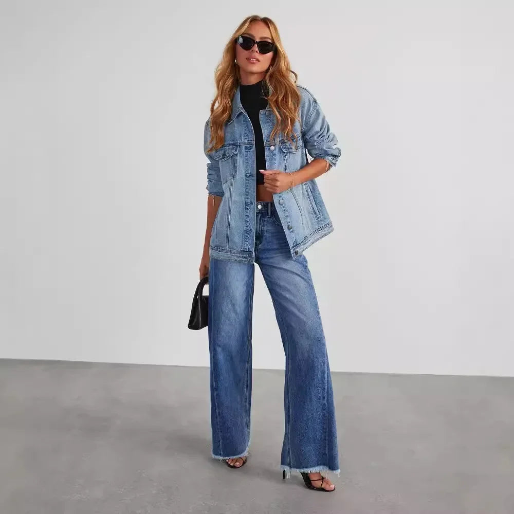 High-waisted Straight-leg Furred Jeans, Women's New Fashion High-waisted Wide-leg Pants