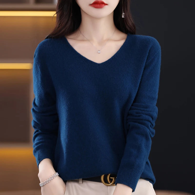 Knitted Pullover V-neck Loose Bottoming Shirt Solid