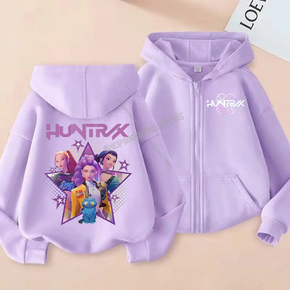 KPop Demon Hunters Zipper Hoodie Cartoon Girls Coat Fashion Thin Clothes Purple Autumn Hoodie Jacket Kids Anime Sweatshirt Gift