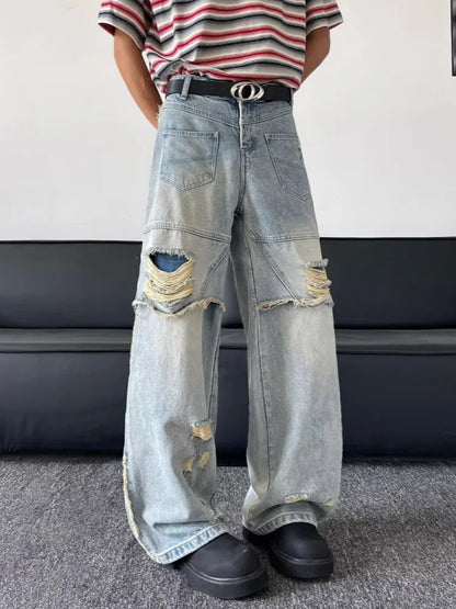 2025 Ropa Y2K Grunge Washed Blue Baggy Stacked Ripped Jeans Pants For Men Clothing Wide Leg Vintage Long Trousers Pantalon Homme