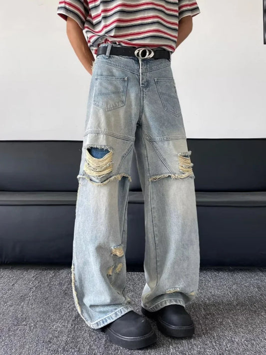 2025 Ropa Y2K Grunge Washed Blue Baggy Stacked Ripped Jeans Pants For Men Clothing Wide Leg Vintage Long Trousers Pantalon Homme