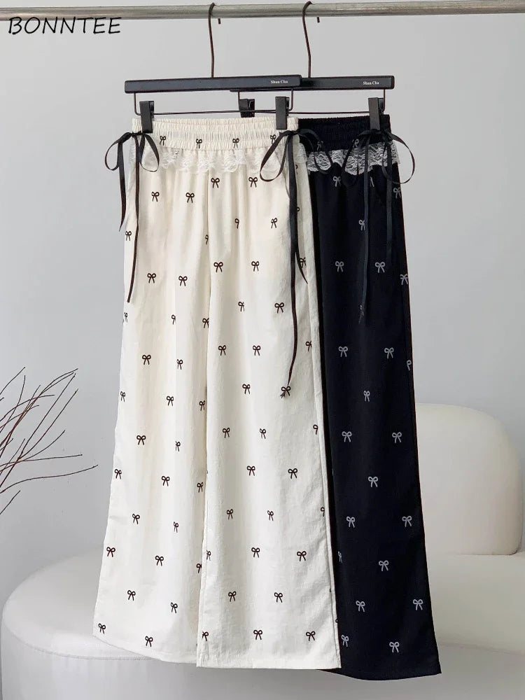 Baggy Sweet Bow Elastic Waist Aesthetic Versatile Jogger Wide Leg Pantalones Mujer