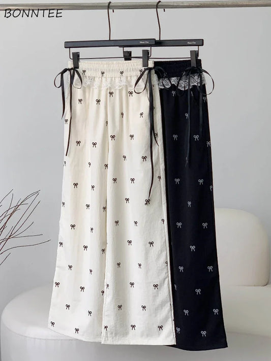 Baggy Sweet Bow Elastic Waist Aesthetic Versatile Jogger Wide Leg Pantalones Mujer