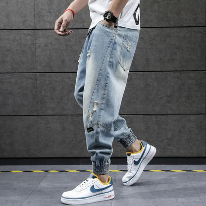 2025 New Hip Hop Harem Jeans Pants Men Loose Joggers Denim Casual Sweatpants Korea Ankle Length Trousers Streetwear Male Clothes