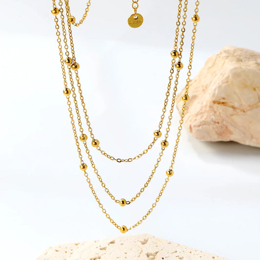 LUXUKISSKIDS Minimalist 3 Layer Beaded Chain Necklace Steel Stainless Golden Plated Triple Layered Collier Simple Chic Jewelry