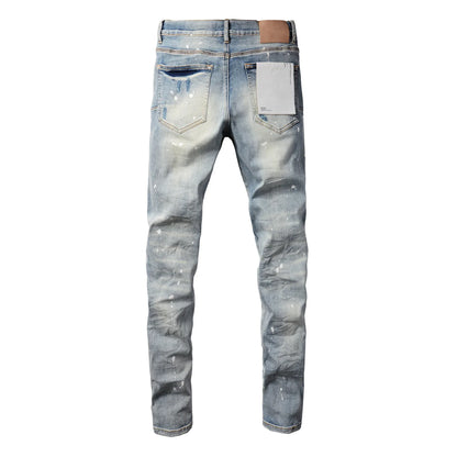 2025 Jeans Man's High Street Blue Ripped Distressed Skinny Jeans Low Rise Denim Trousers Fashion Repair Pants 9003