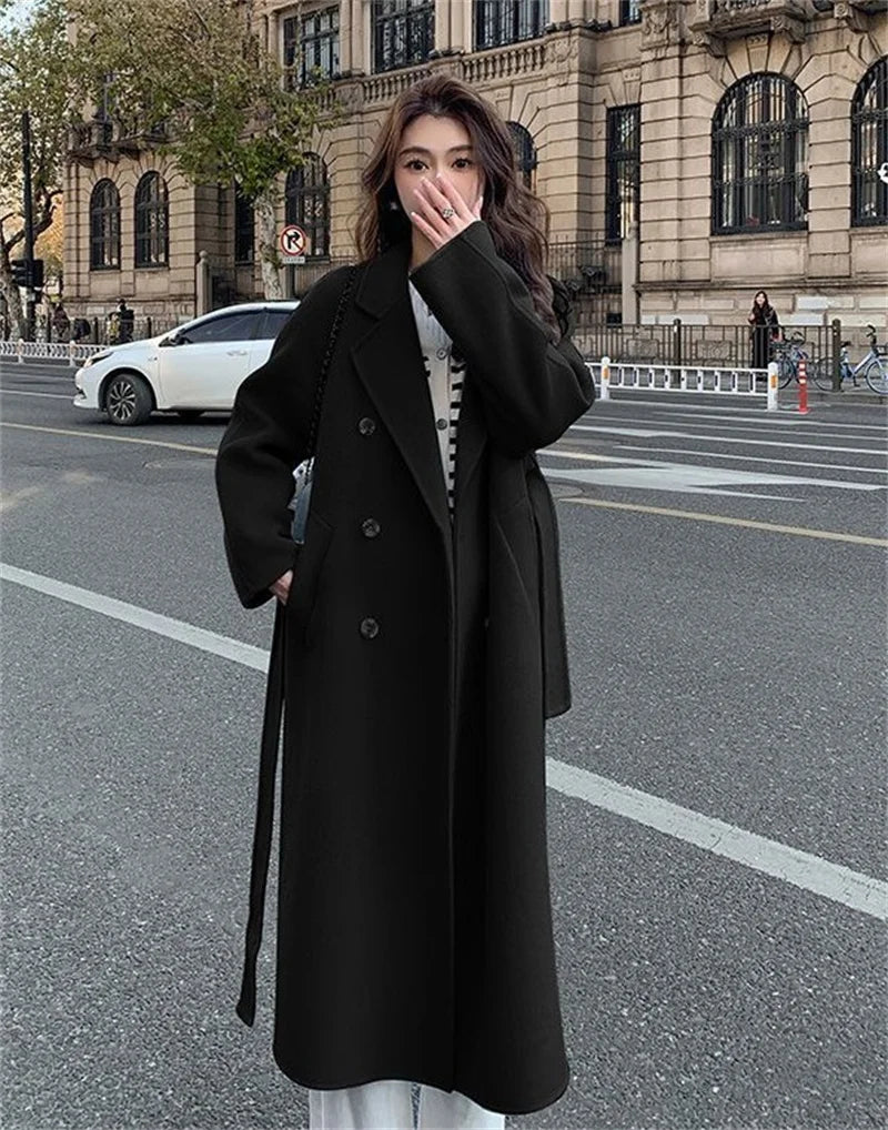 100% Wool Coat Women's Temperament Double sided Cashmere Coats with Belt Elegant Long Overcoat