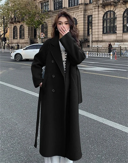 100% Wool Coat Women's Temperament Double sided Cashmere Coats with Belt Elegant Long Overcoat
