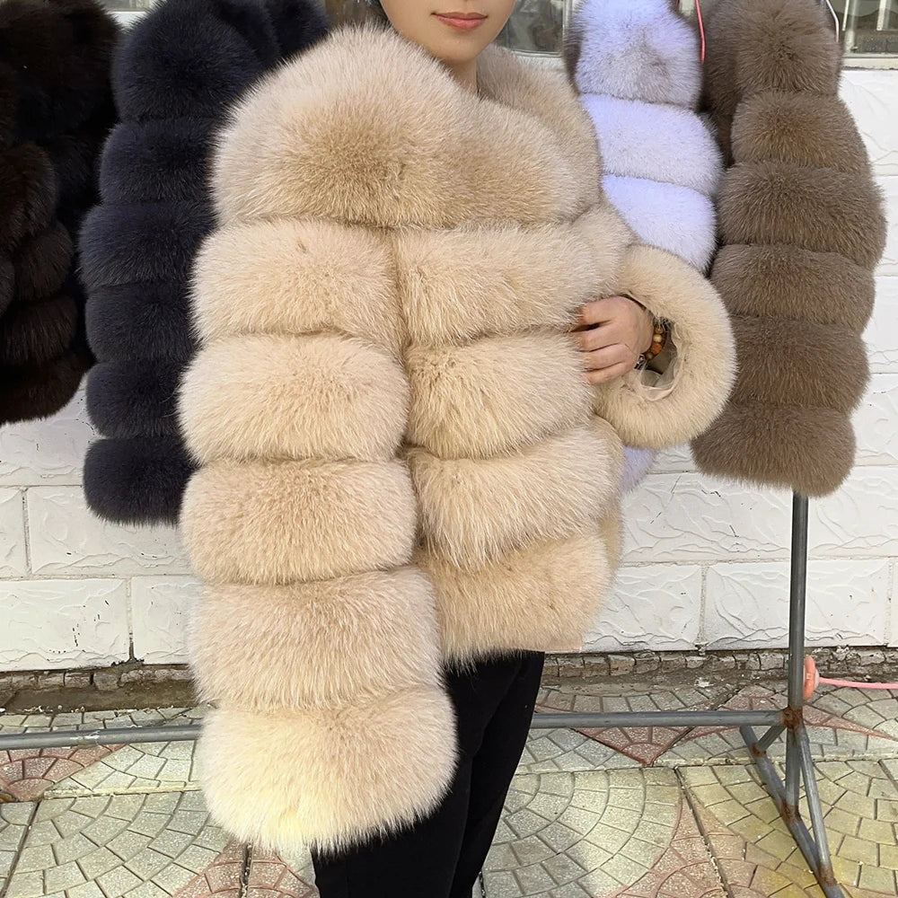 100% Fox Fur Coat Women's Fashion Brown