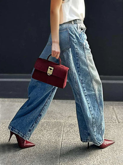 High Waist Wide Leg Jeans Casual Washed Denim Elastic