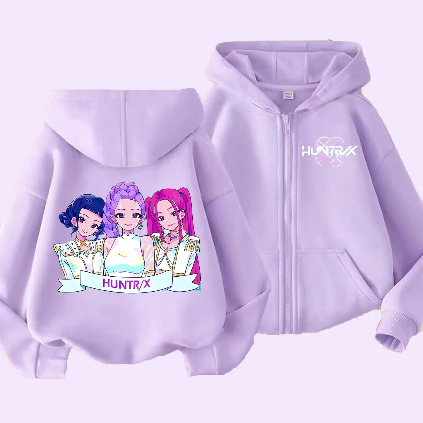KPop Demon Hunters Zipper Hoodie Cartoon Girls Coat Fashion Thin Clothes Purple Autumn Hoodie Jacket Kids Anime Sweatshirt Gift