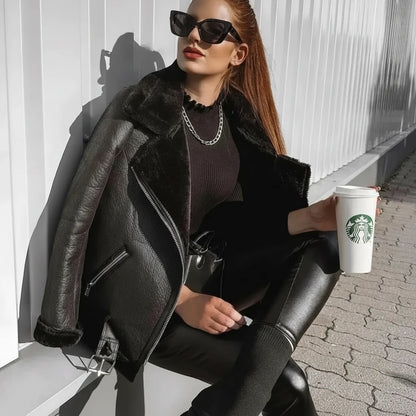 Faux Fur Jacket with Belt Streetwear Female Moto Biker Loose Thicken