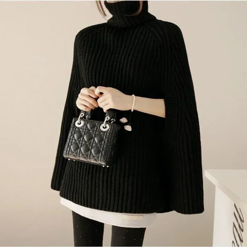 Batwing Knitted Tops Loose Oversize Sweater Korean Women Cloak Poncho Female Sexy Turtleneck Sweaters Khaki