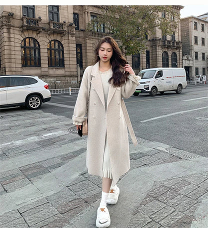 100% Wool Coat Women's Temperament Double sided Cashmere Coats with Belt Elegant Long Overcoat