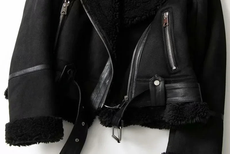 Faux Shearling Sheepskin Leather Jackets Lady Thick Warm Suede Lambs Motorcycle Brown Coats Mujer Chaqueta