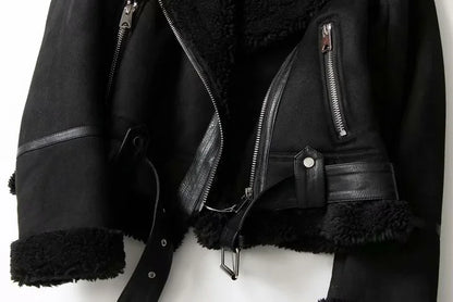 Faux Shearling Sheepskin Leather Jackets Lady Thick Warm Suede Lambs Motorcycle Brown Coats Mujer Chaqueta