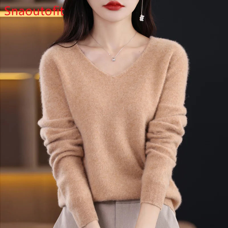 Knitted Pullover V-neck Loose Bottoming Shirt Solid