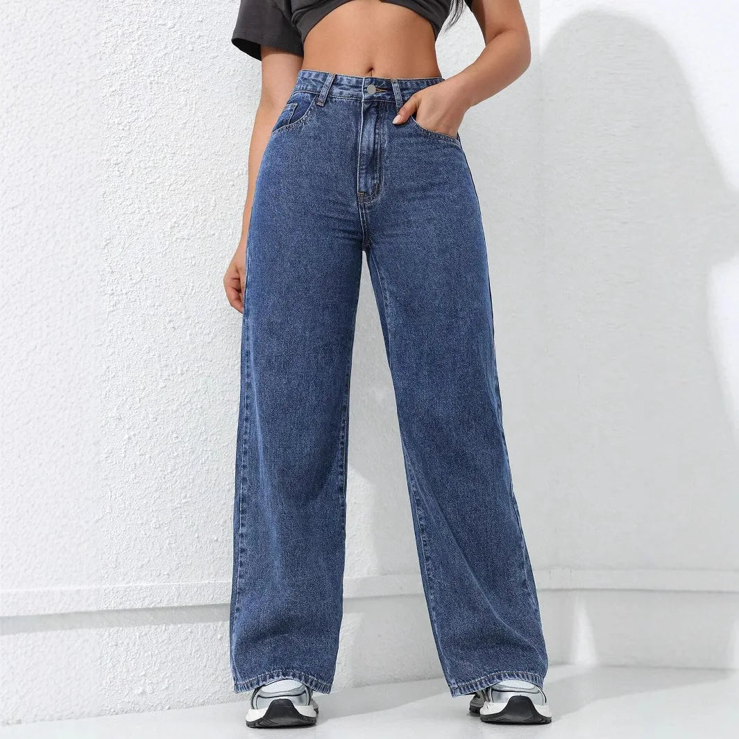 Jeans Women Vintage Wide Leg Pants Denims High Waist Washed Distressed Basics Straight Trousers Streetwear Floor Length
