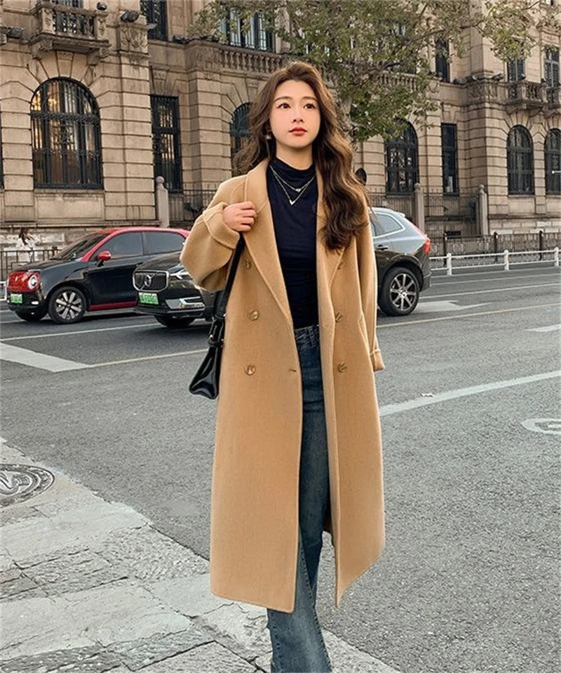 100% Wool Coat Women's Temperament Double sided Cashmere Coats with Belt Elegant Long Overcoat
