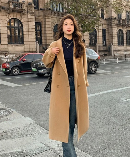 100% Wool Coat Women's Temperament Double sided Cashmere Coats with Belt Elegant Long Overcoat