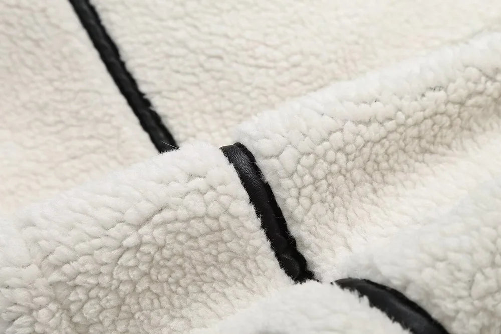 High Street Fashion Biker Jacket European and American Style Casual Fur One-piece Lamb Fur Clash Colour Warm Coat