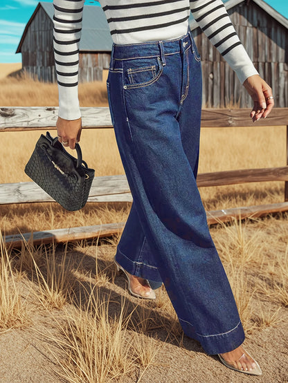 High Rise Straight Jeans - Classic dark blue washed stretch jeans with button placket, elegant and intellectual