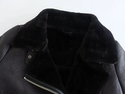 Faux Fur Jacket with Belt Streetwear Female Moto Biker Loose Thicken