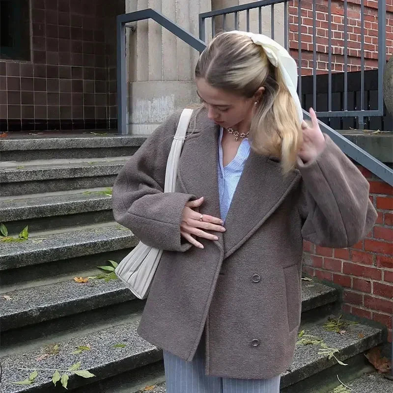 Long Sleeves Short Blazer Jacket Elegant Solid Warm Loose Outwear