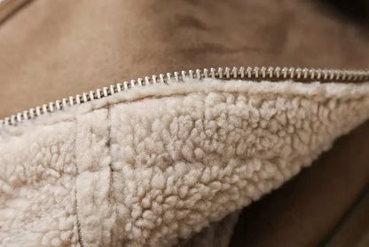 Faux Shearling Sheepskin Leather Jackets Lady Thick Warm Suede Lambs Motorcycle Brown Coats Mujer Chaqueta