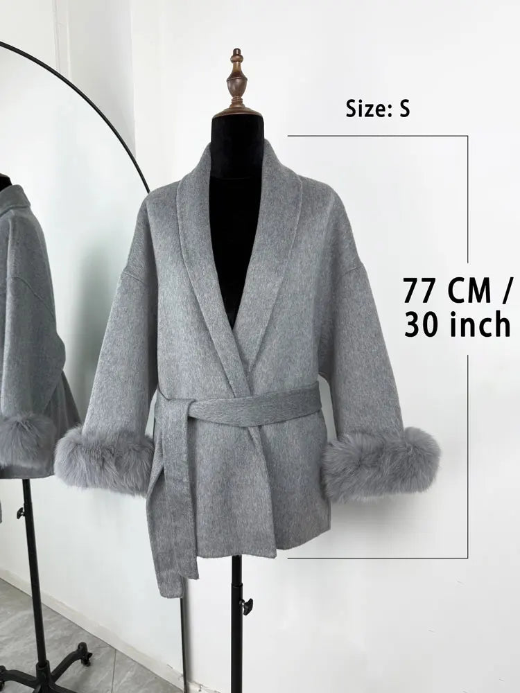Tossy Fox Fur Wool Overcoat Women's Short Coat Office Lady Elegant Double-side Loose Wool
