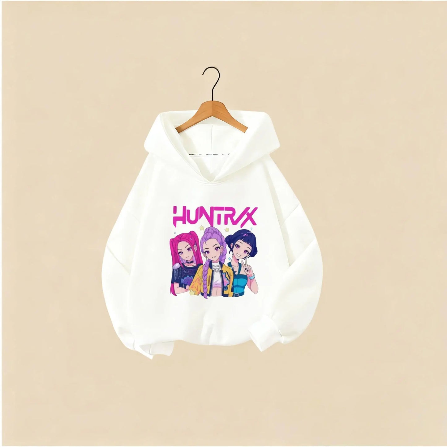 KPOP Hunters Huntrix Girl Fashion Clothes Kids Hoodie Cute Character Print With Star Casual Hooded Sweatshirt Boys Girls Costume