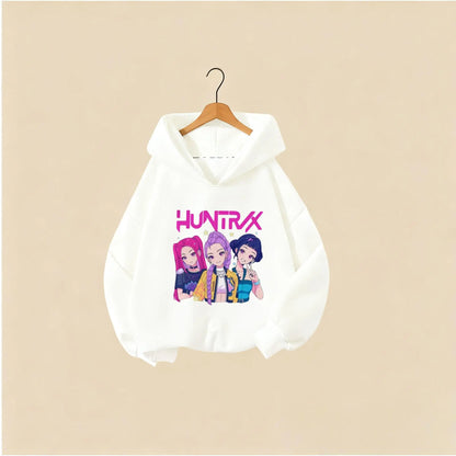 KPOP Hunters Huntrix Girl Fashion Clothes Kids Hoodie Cute Character Print With Star Casual Hooded Sweatshirt Boys Girls Costume