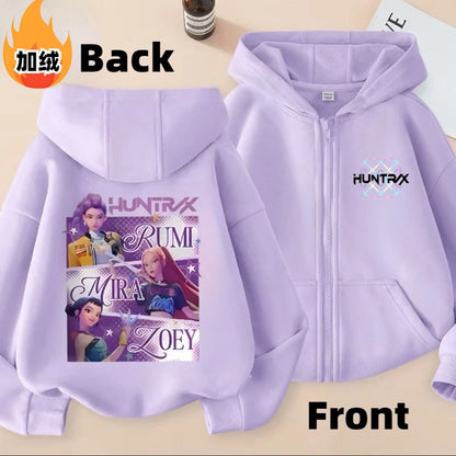 KPop Demon Hunters Rumi Mira Zoey Secondary Cartoon Printed Casual Fleece Jacket Creative Anime Peripheral All-match Hooded Top