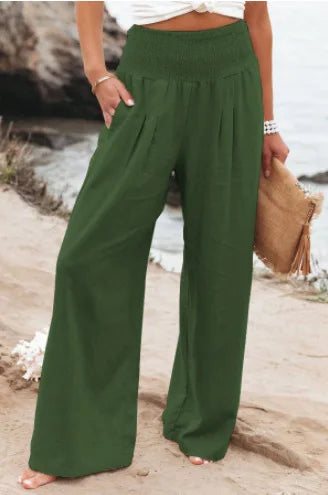 Women's casual pants with drawstring, mid waist, beach wide leg, spring and summer, European and American pants