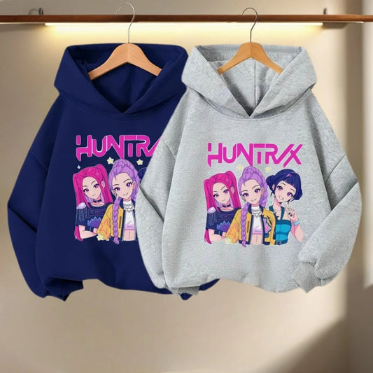 KPOP Hunters Huntrix Girl Fashion Clothes Kids Hoodie Cute Character Print With Star Casual Hooded Sweatshirt Boys Girls Costume