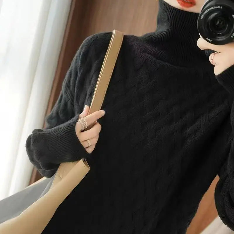 Women's High Ne Knitted Sweater Thiened Loose Fit Overhead Winter Lazy Sle Knitwear Comfortable Breathable Casual Top