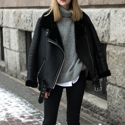 Faux Fur Jacket with Belt Streetwear Female Moto Biker Loose Thicken