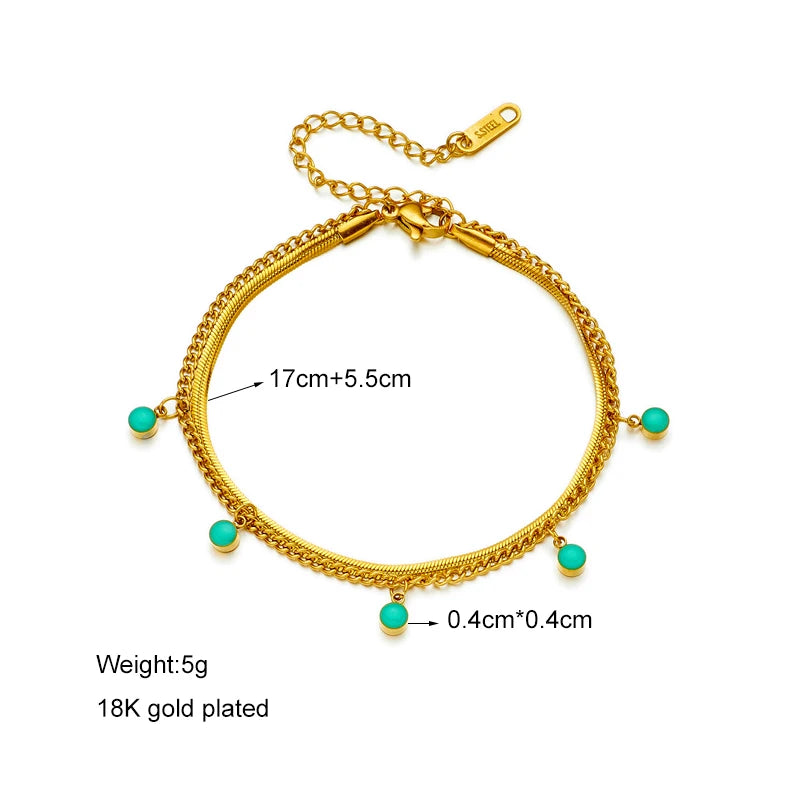 MEYRROYU 316 Stainless Steel Vintage Green Stone Heart Tassel Multilayer Charm Bracelet for Women Wedding Jewelry Beach брелок