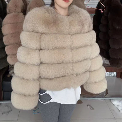 100% Fox Fur Coat Women's Fashion Brown
