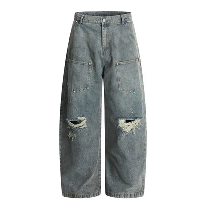 Ripped Jeans Mens With Rivets Pocket Retro High Street Washed Distressed Loose Wide leg Denim Pants Men